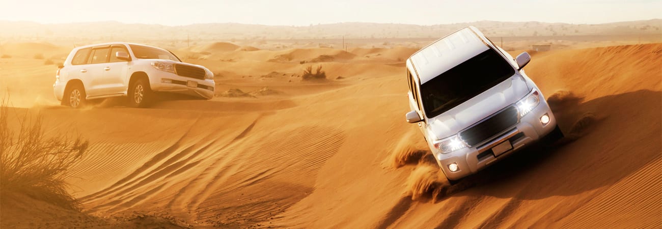 Two white SUVs driving across golden sand dunes in the Arabian desert near Jeddah during sunset